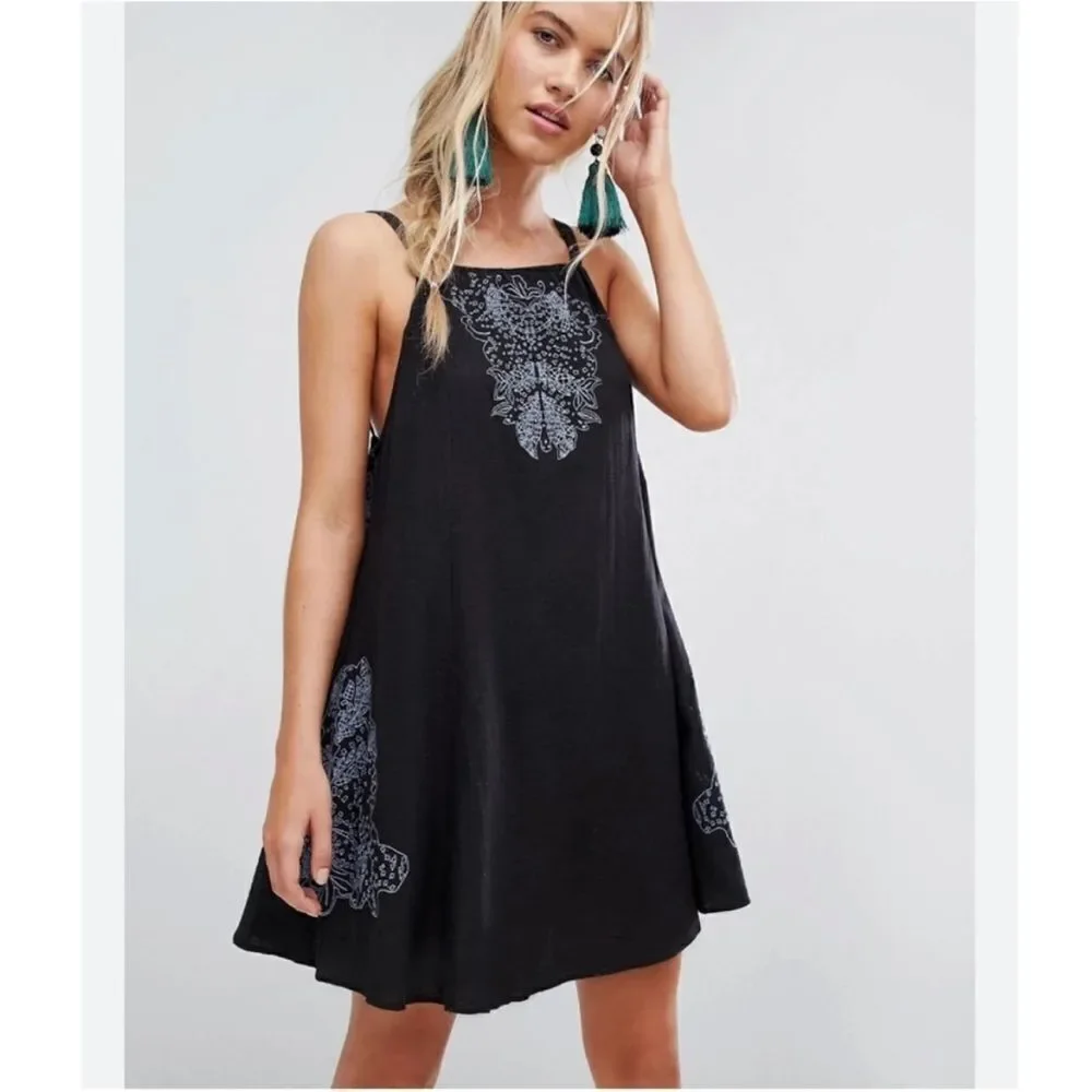 Free People Intimately Free Tulum Cutout Black Embroidered Slip Dress Boho